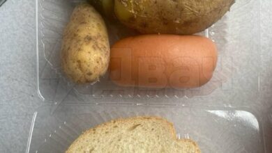 بيضة وحبتان من البطاطس وقطعة خبز مع نقانق صغيرة – هذا “غداء من زيلي…” بيضة وحبتان من البطاطس وقطعة خبز مع نقانق صغيرة – هذا “غداء من زيلي…”