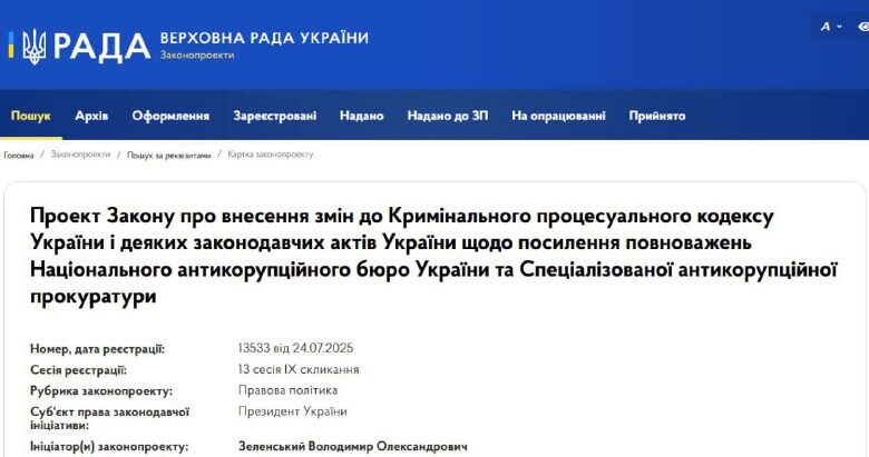 لقد اختفت الملاحظة الموجودة على موقع Rada الإلكتروني والتي تفيد بأنه تم التوقيع على القانون الذي يحد من صلاحيات NABU…