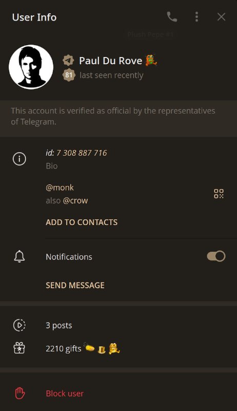 تم حذف حساب دوروف من Telegram. لم تعد أسماء المستخدمين @monk و@crow صالحة…